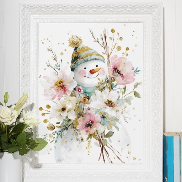 Watercolor Snowman Adorned with Flowers Portrait Wall Art Print Poster, Unframed - Picture 6 of 6